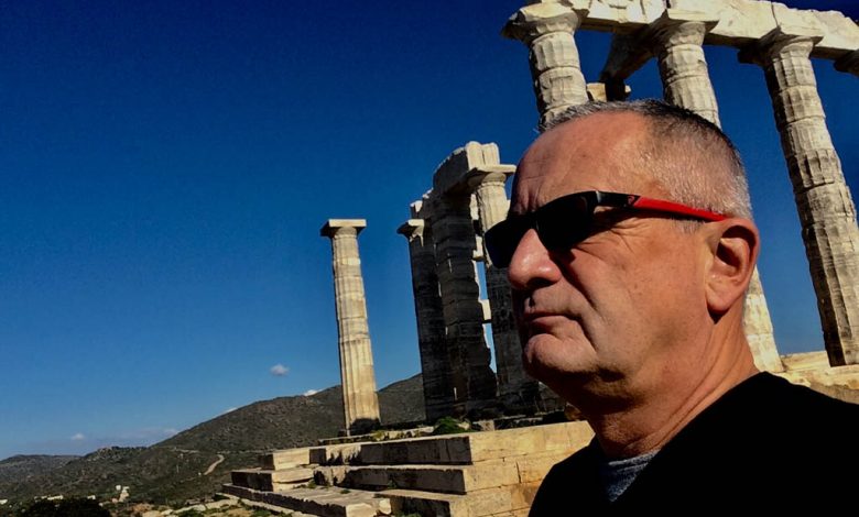 Mark Randell in Greece. A man wearing sunglasses.