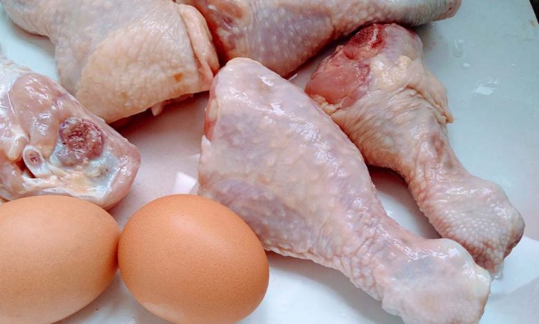 Raw chicken and eggs